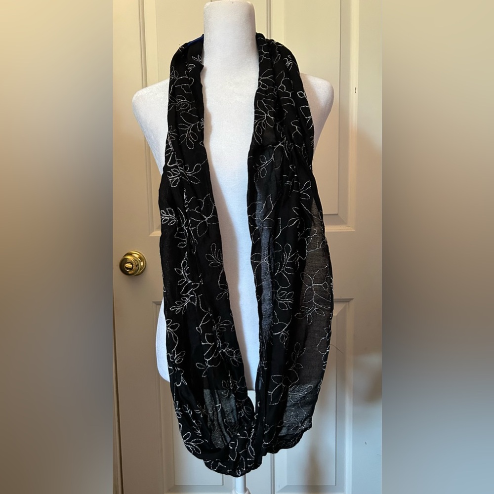 Apt. 9 Black Infinity Scarf with Metallic Silver Embroidered Floral Pattern NWTs